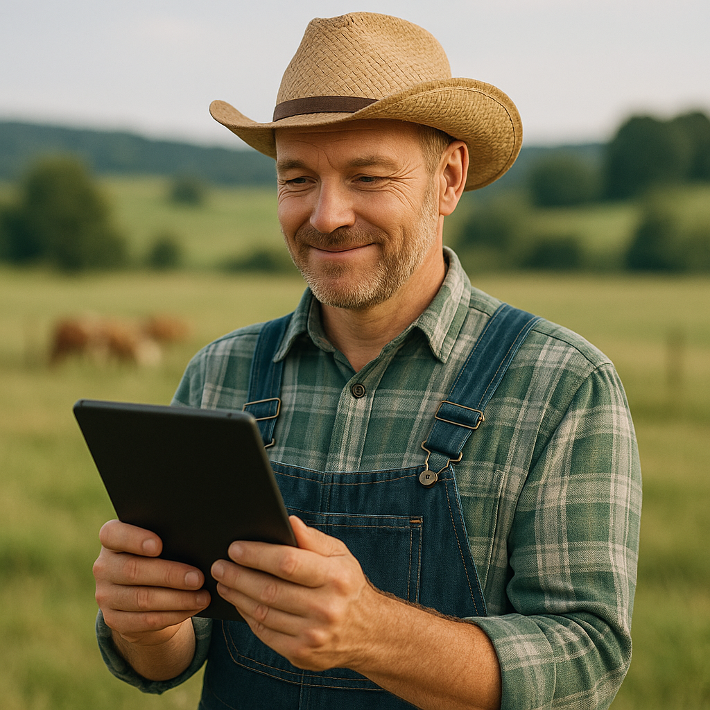Granjero sonriendo mientras revisa una tablet en el campo